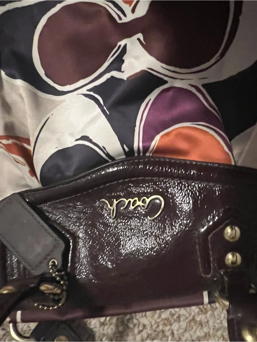 Coach Brown Leather-Trim Multicolor Signature Satin Shoulder Bag